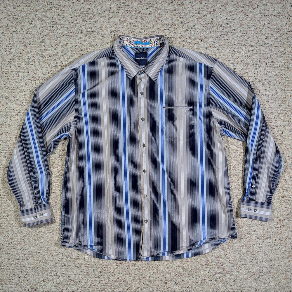Tommy Bahama Shirt Mens 3XL Blue Striped Cotton/Silk Long Sleeve Casual Pocket